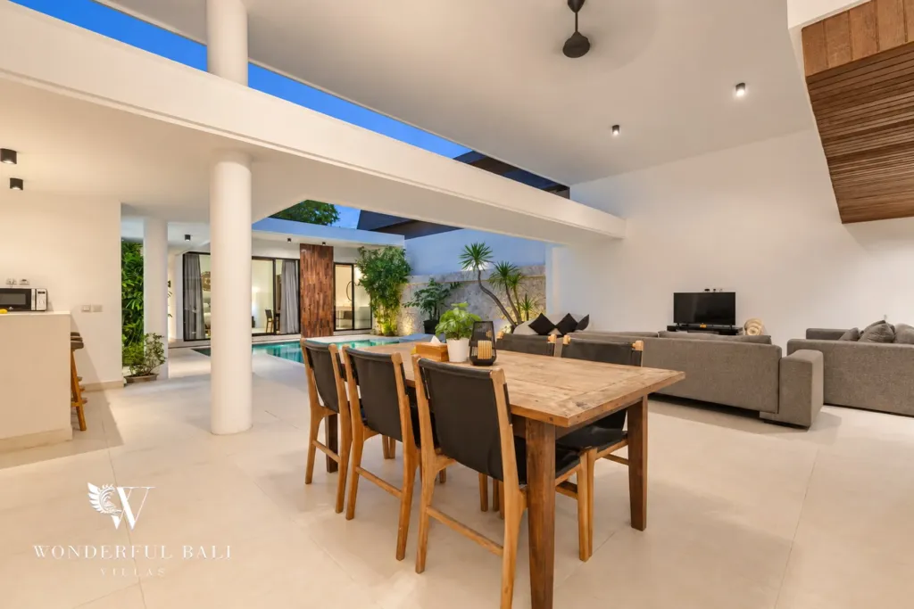 3BR villa in Berawa, Canggu, Bali — living room, the dining table seen from the living area