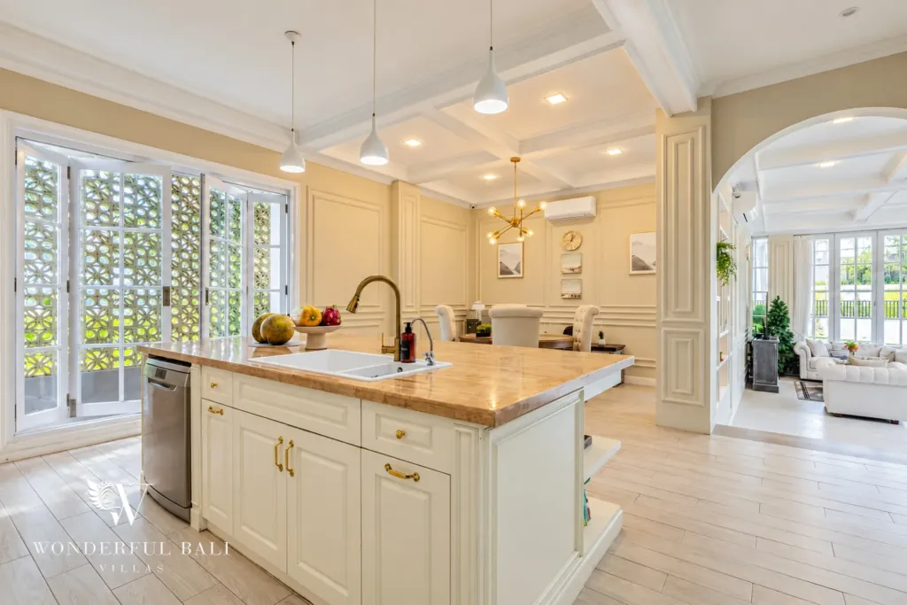 5BR villa for sale in Pererenan — kitchen with patterned breeze-block windows and coffered ceiling