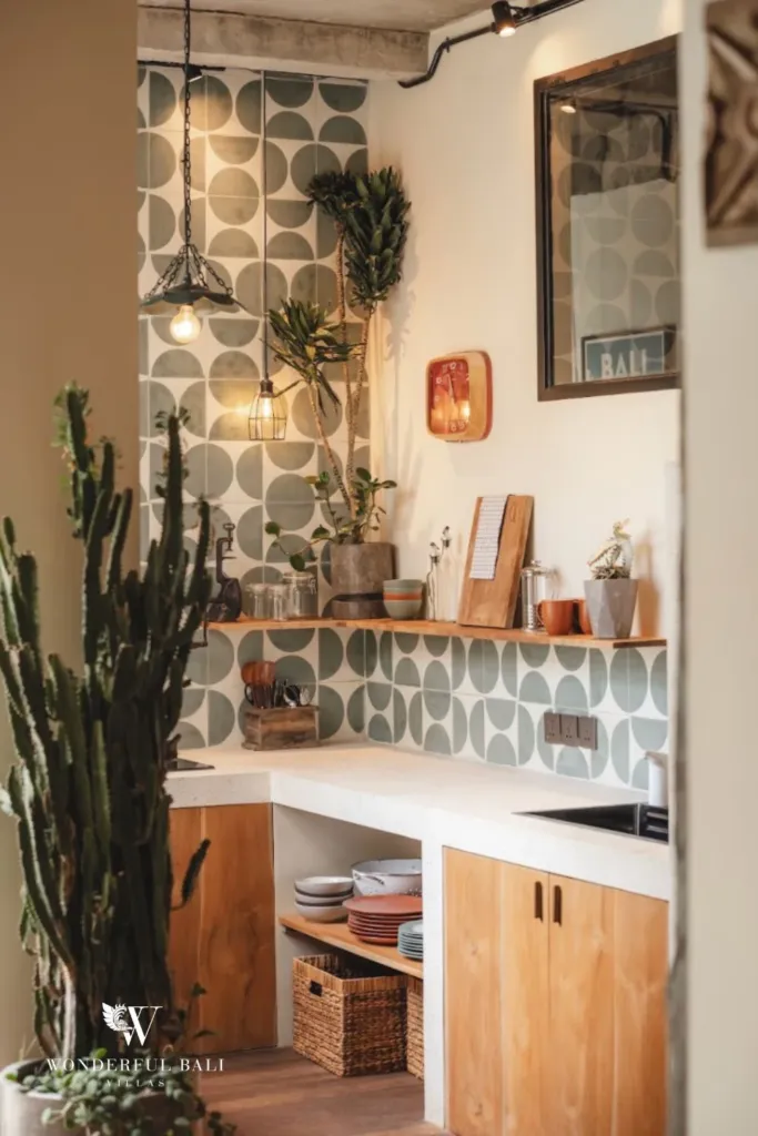2BR villa for rent in Berawa, Canggu — kitchen, timber cabinets, concrete counter and a green geometric tile splashback