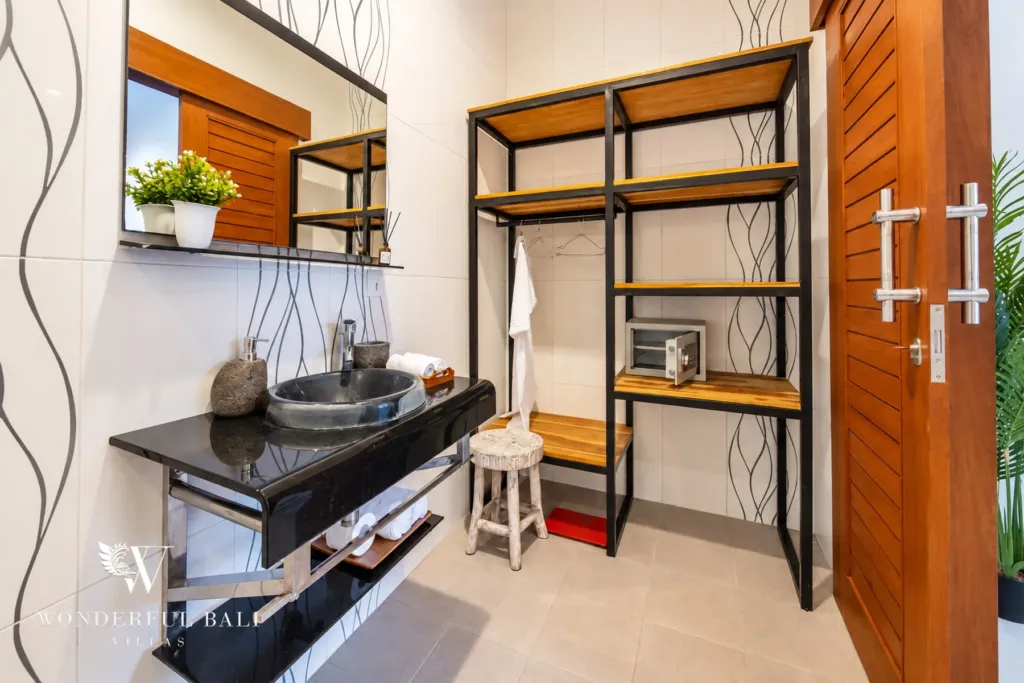 4BR villa for rent in Umalas, Bali — bathroom, timber vanity and open shelving in the bathroom
