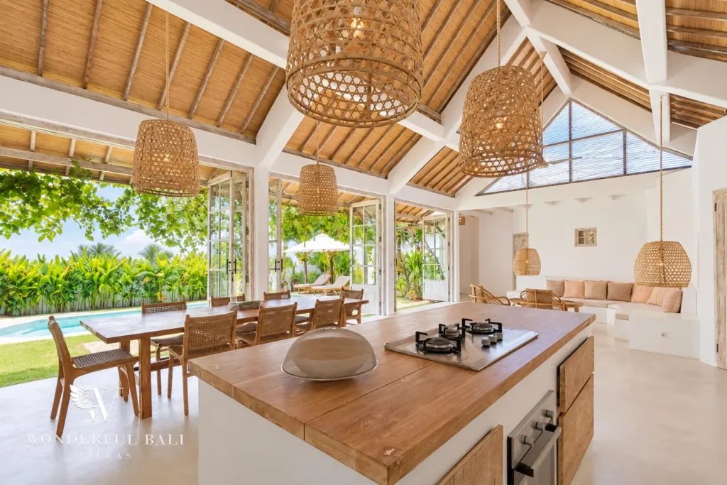 4BR villa for rent in Umalas, Bali — kitchen, the kitchen looking out to the garden and pool
