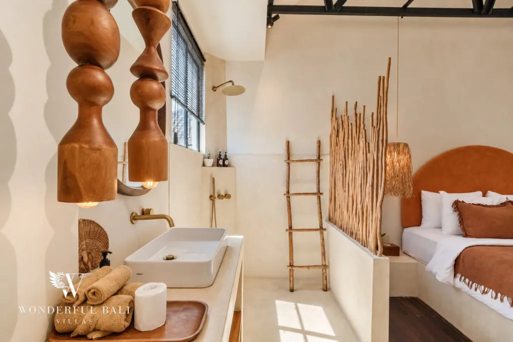3BR villa for sale in Berawa — bathroom, open ensuite vanity beside the terracotta bedroom