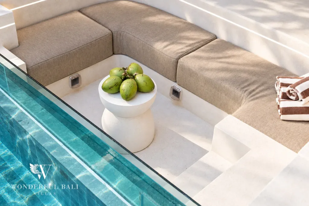 3BR villa for rent in Berawa, Canggu — pool, built-in seating at the pool edge
