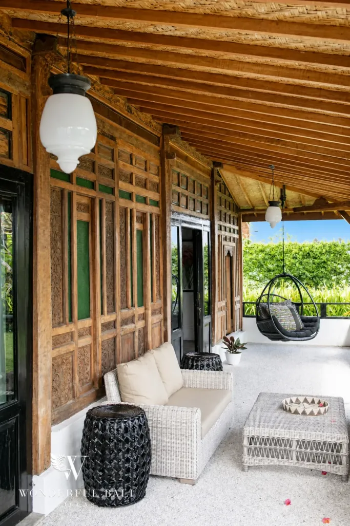 3BR villa for rent in Berawa, Canggu — terrace, covered veranda with a hanging chair