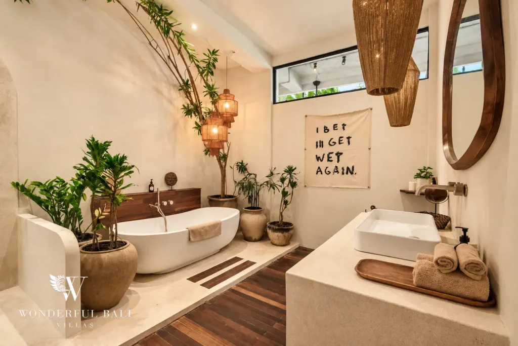 3BR villa for sale in Berawa — bathroom, bathroom with a freestanding tub and indoor plants