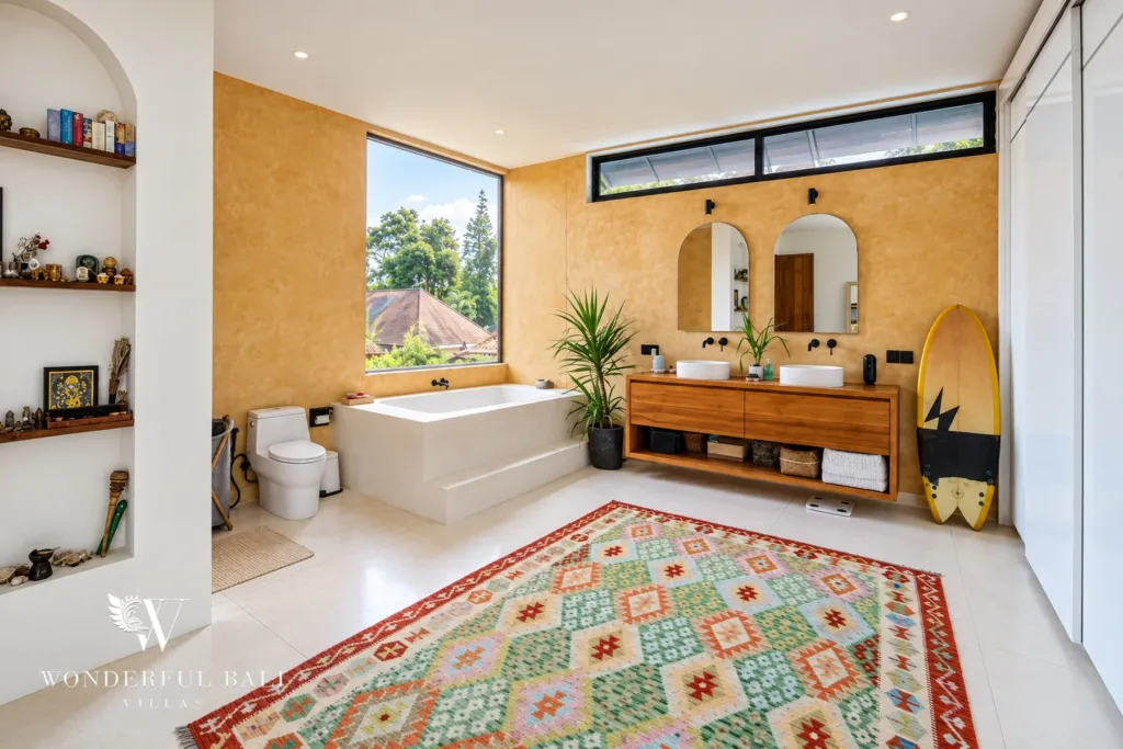5BR villa for rent in Seseh, Bali — bathroom, freestanding tub and timber vanity below a garden window