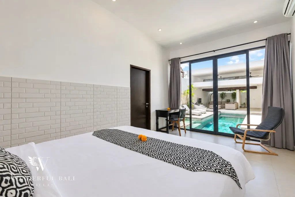 3BR villa in Berawa, Canggu, Bali — bedroom, master bedroom with a desk and doors to the pool