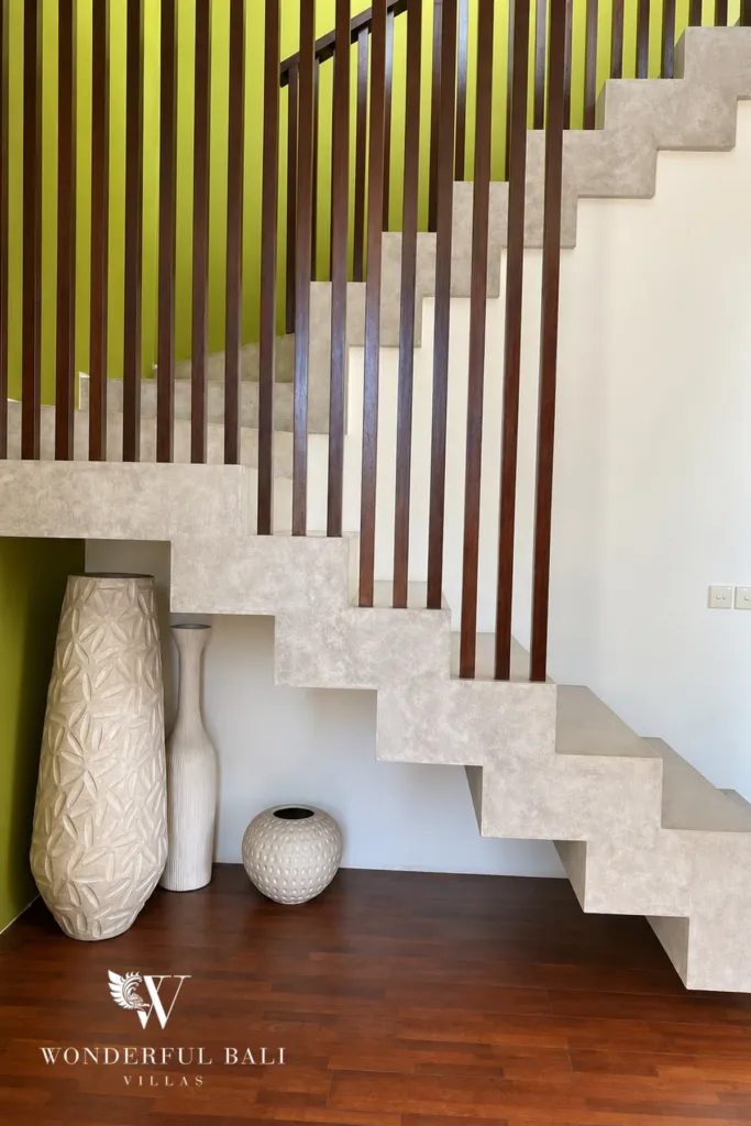 3BR villa for sale in Jimbaran — staircase, floating stone staircase with a timber balustrade