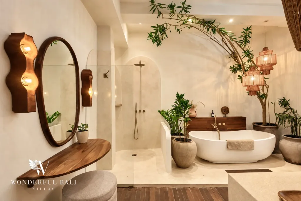 3BR villa for sale in Berawa — bathroom, walk-in shower, oval mirror and freestanding tub