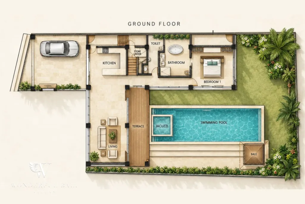 4BR villa for rent in Umalas, Bali — floor plan, ground floor plan: living, kitchen, one bedroom, pool, jacuzzi and bale