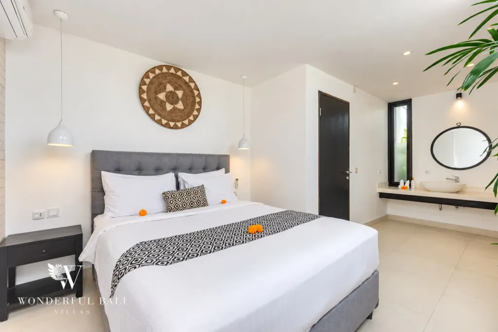 3BR villa in Berawa, Canggu, Bali — bedroom, second bedroom with an open en-suite vanity