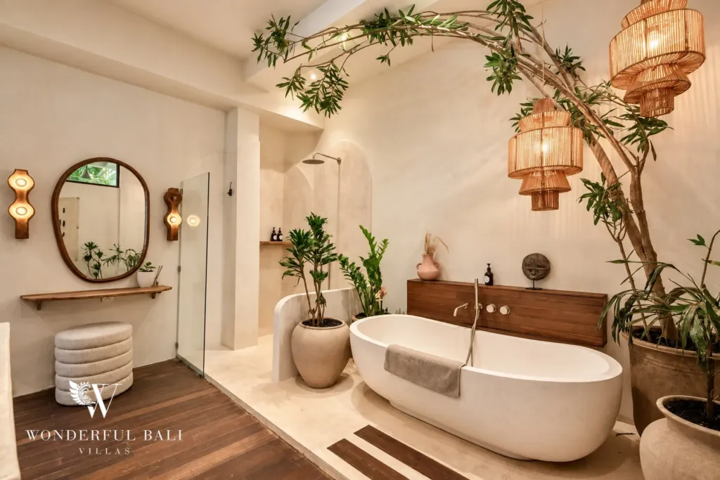 3BR villa for sale in Berawa — bathroom, bathroom with a glass shower and freestanding tub