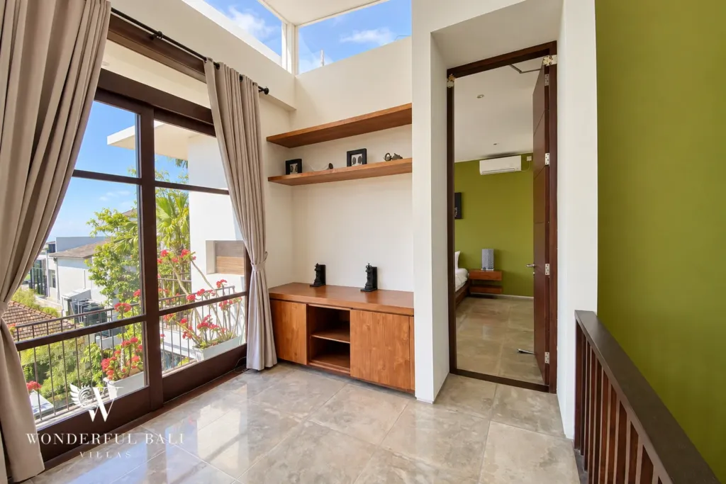 3BR villa for sale in Jimbaran — landing, upper hallway with timber cabinetry and balcony doors