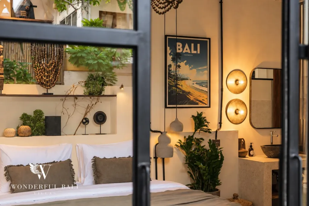2BR villa for rent in Berawa, Canggu — bedroom, looking into the bedroom through the window from the courtyard