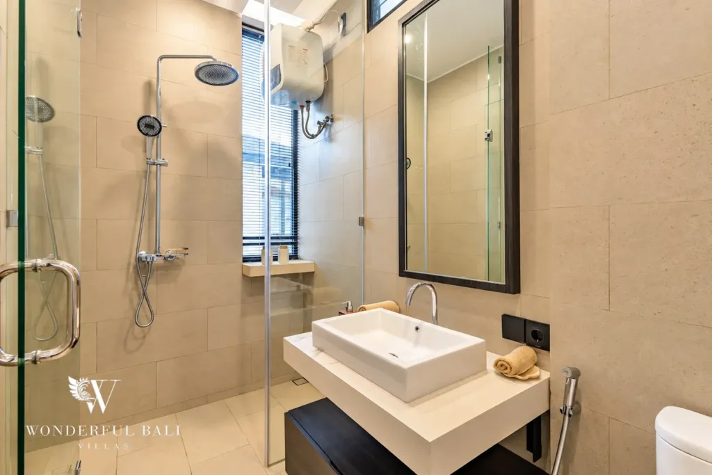 3BR villa for rent in Munggu — bathroom with walk-in rain shower