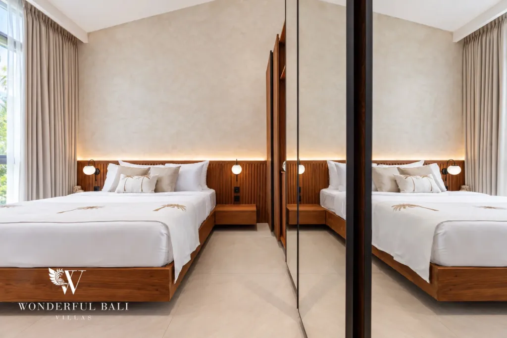 2BR villa for rent in Padonan, Canggu — bedroom, bedroom reflected in a mirrored wardrobe