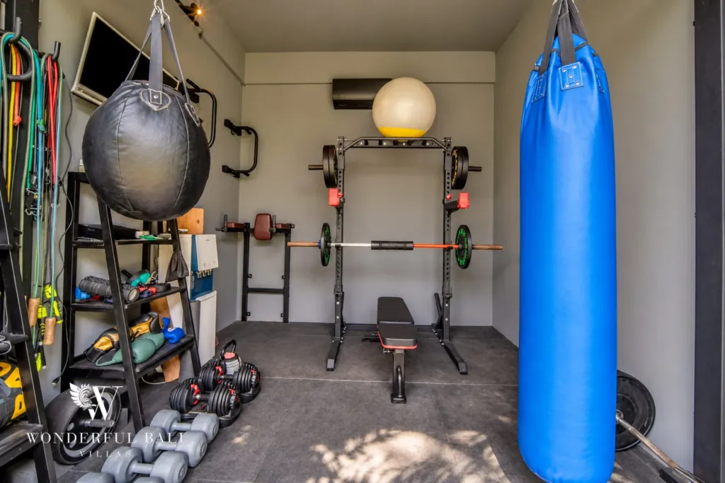 5BR villa for rent in Seseh, Bali — gym, fitted gym with a squat rack