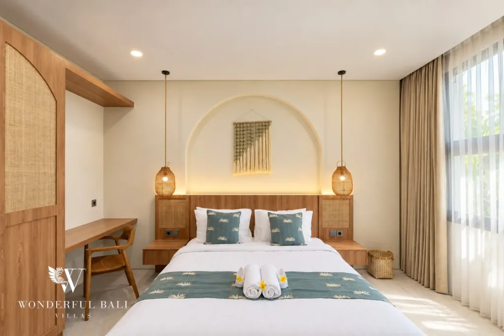 3BR villa for rent in Berawa, Canggu — bedroom, bedroom with full-height curtains and a desk