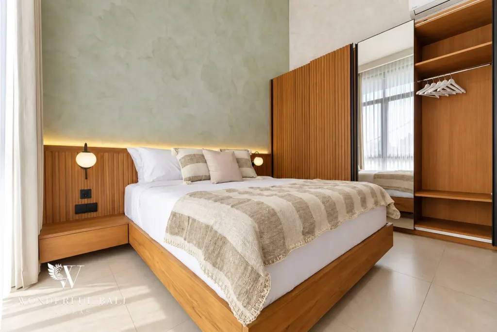 2BR villa for rent in Padonan, Canggu — bedroom, second bedroom with an open timber wardrobe