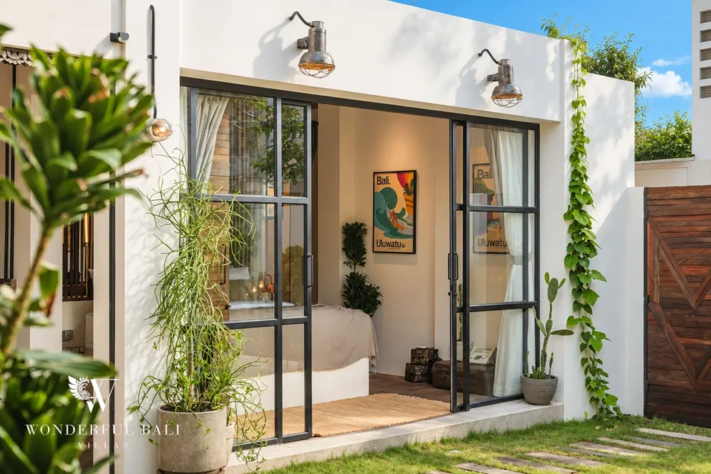 2BR villa for rent in Berawa, Canggu — garden, bedroom doors opening onto the lawn and tropical planting