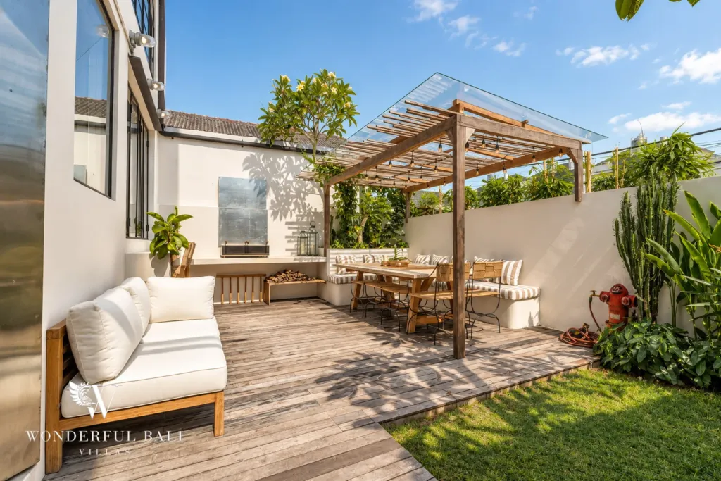 3BR villa for sale in Berawa — terrace, terrace lounge and dining under a glass-topped pergola