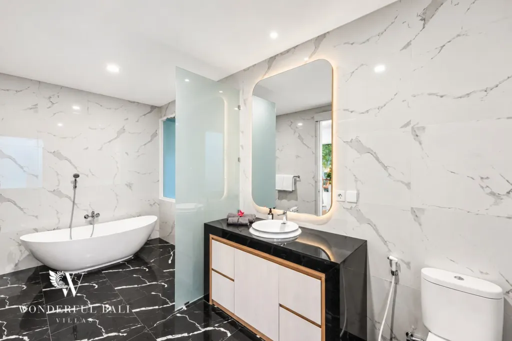 2BR villa for rent in Kaba-Kaba, Bali — bathroom, en-suite bathroom in marble-look tile