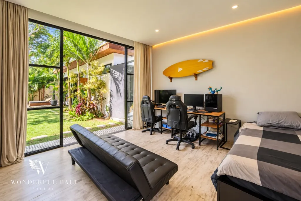 5BR villa for rent in Seseh, Bali — office, room opening to the lawn