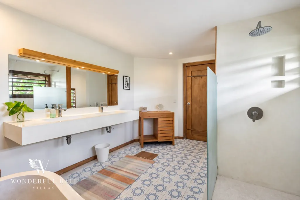 5BR villa for rent in Umalas — bathroom, double vanity and walk-in rain shower