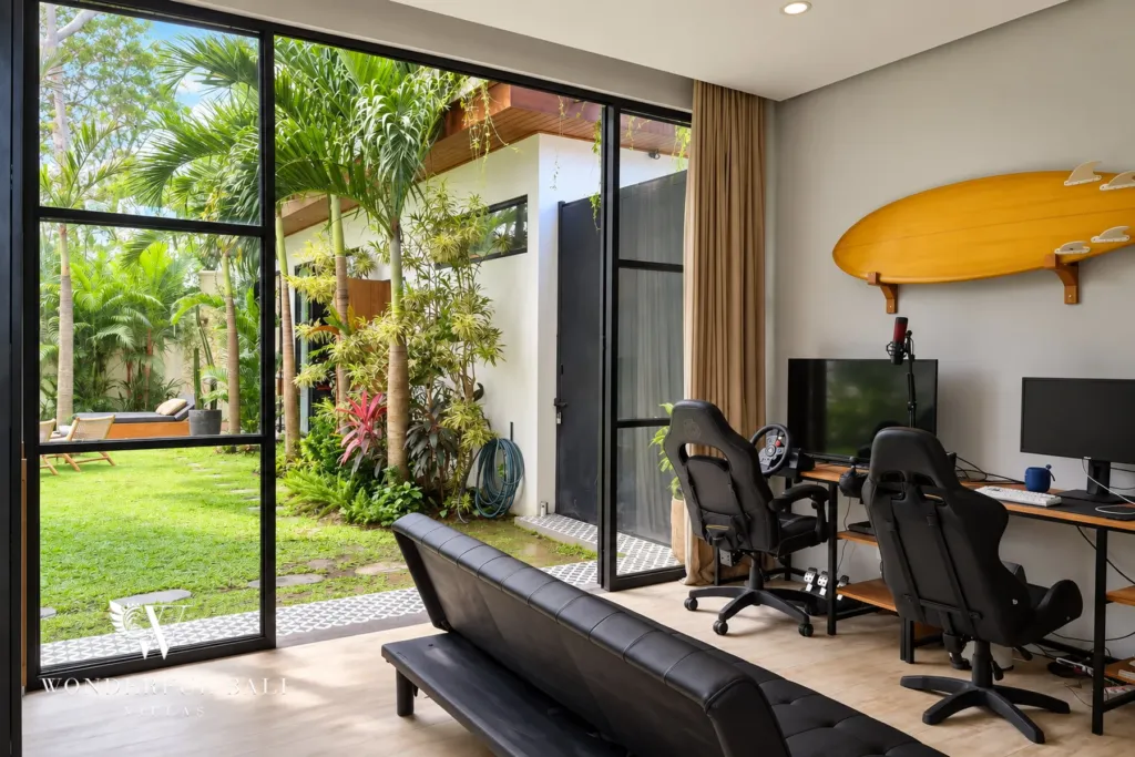 5BR villa for rent in Seseh, Bali — office, desks along the window wall with the garden directly outside