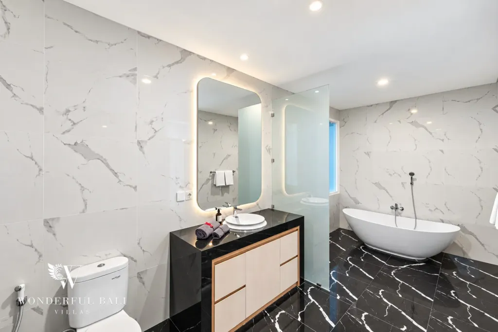 2BR villa for rent in Kaba-Kaba, Bali — bathroom, vanity and mirror in the en-suite