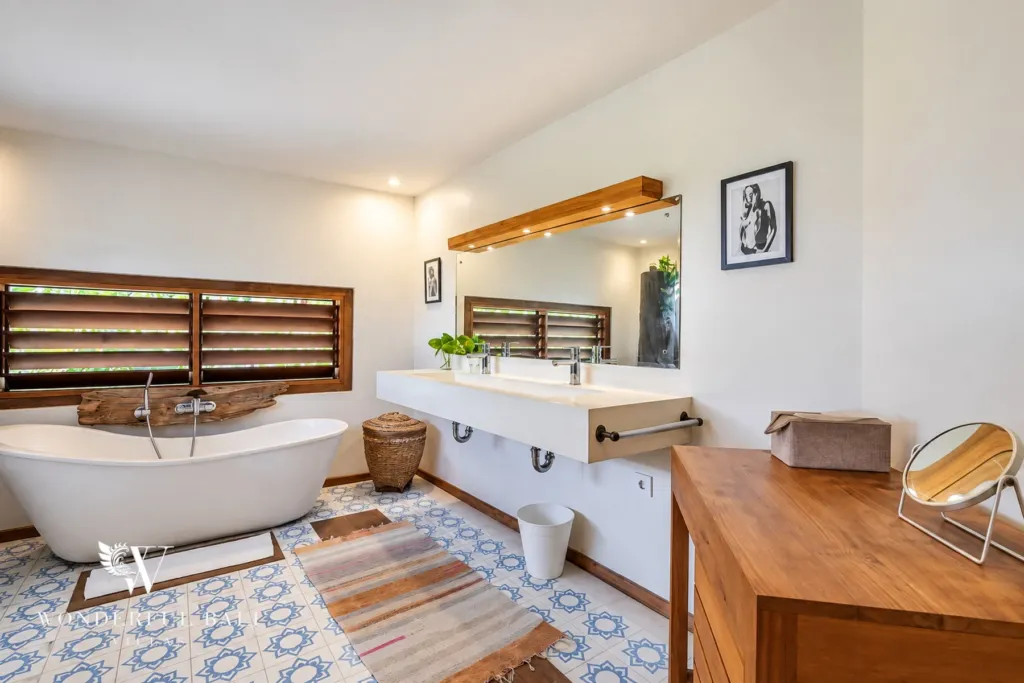 5BR villa for rent in Umalas — bathroom, freestanding bathtub, double basin and teak dresser