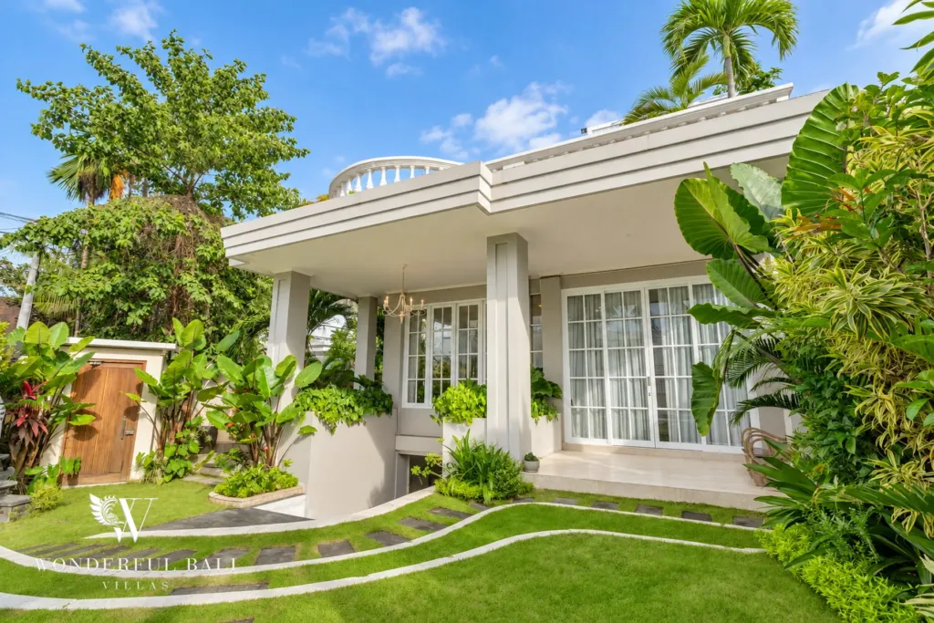 5BR villa for sale in Pererenan — villa facade and curved garden paths