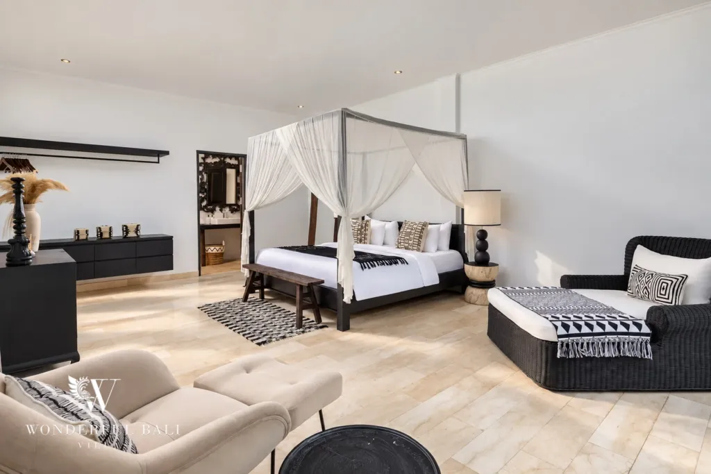 4BR villa for rent in Batu Bolong, Canggu — bedroom, spacious bedroom with dressing table and lounge seating