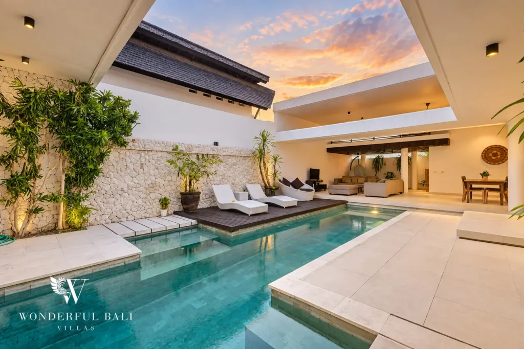 3BR villa in Berawa, Canggu, Bali — exterior, the courtyard and pool in daylight