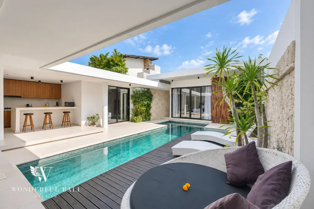 3BR villa in Berawa, Canggu, Bali — pool, the timber sun deck along the pool