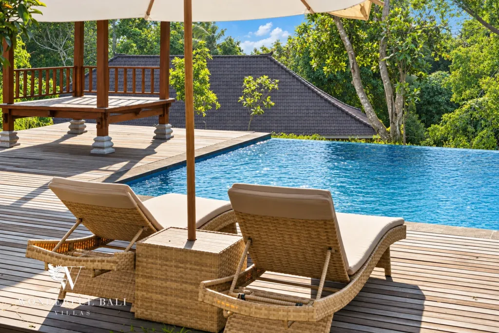 2BR villa for rent in Kaba-Kaba, Bali — pool, sun loungers at the estate pool