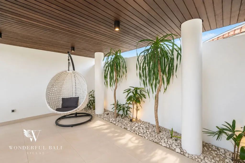 3BR villa in Berawa, Canggu, Bali — terrace, hanging chair on the covered terrace