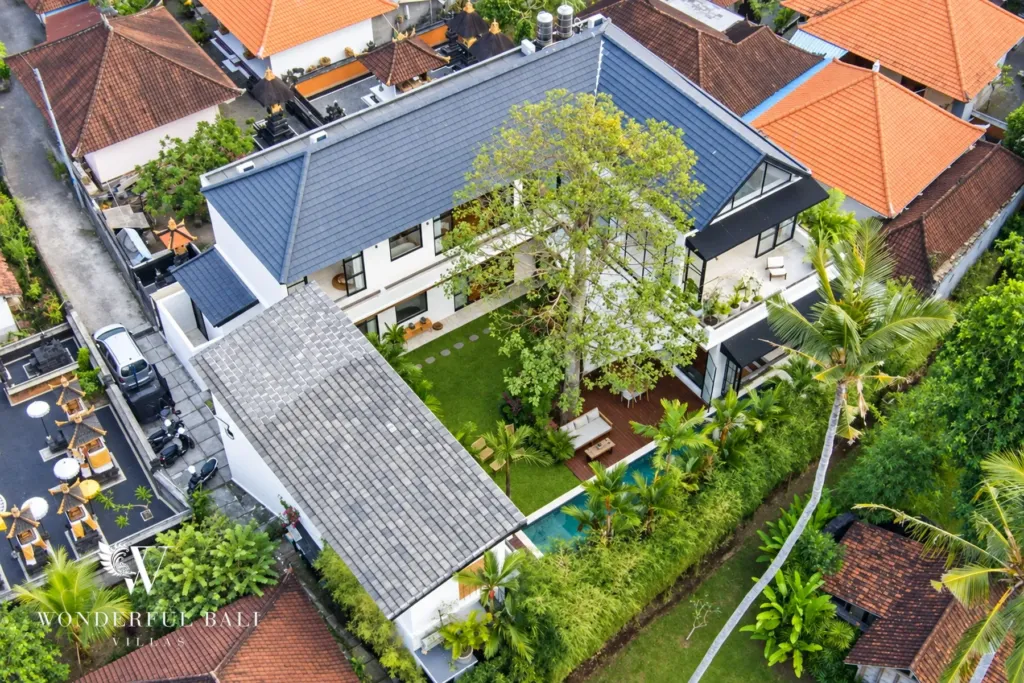 5BR villa for rent in Seseh, Bali — exterior, aerial view of the villa