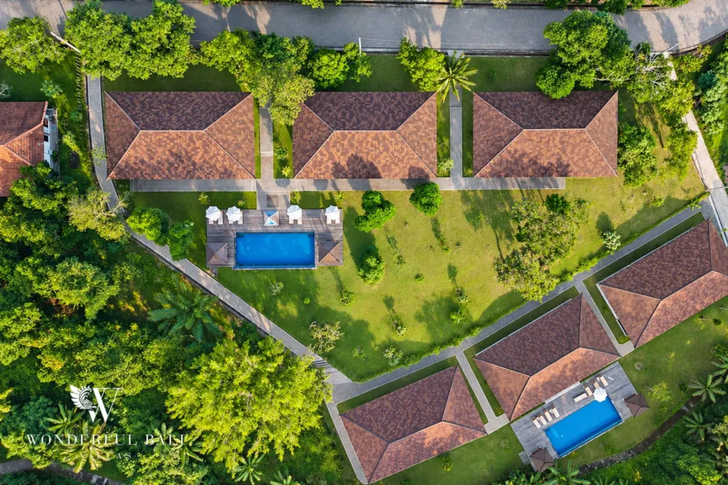2BR villa for rent in Kaba-Kaba, Bali — exterior, the estate and its grounds from the air