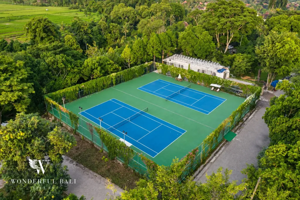 2BR villa for rent in Kaba-Kaba, Bali — exterior, the estate recreation area and tennis court from above