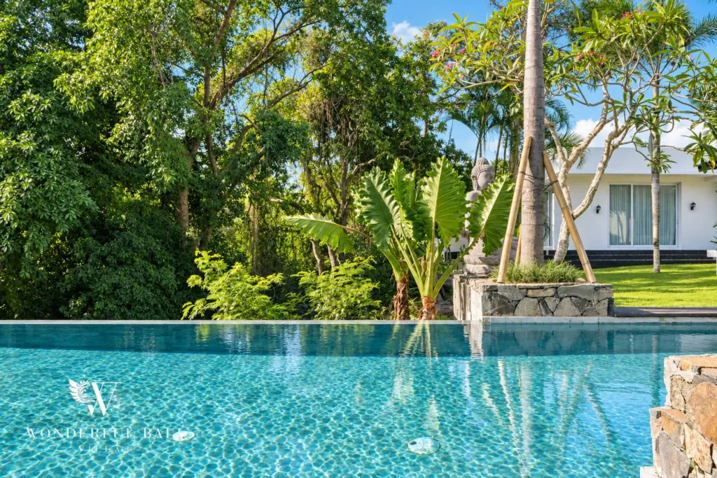5BR villa for rent in Munggu, Bali — pool, infinity pool edge looking out over the green river valley