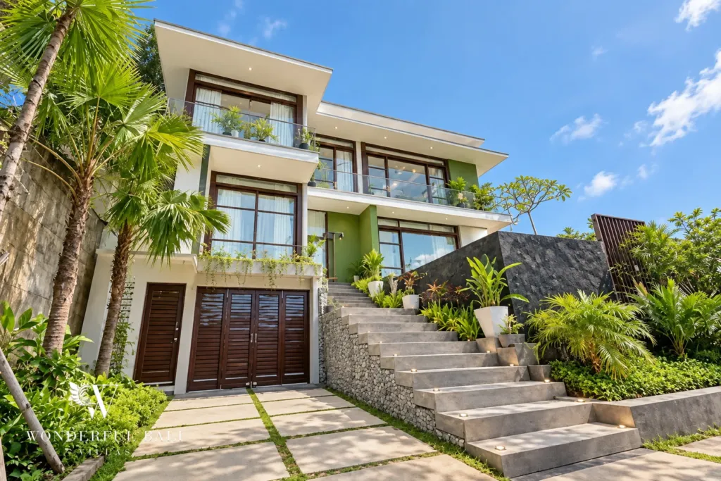 3BR villa for sale in Jimbaran — exterior, villa facade with garage doors and garden steps