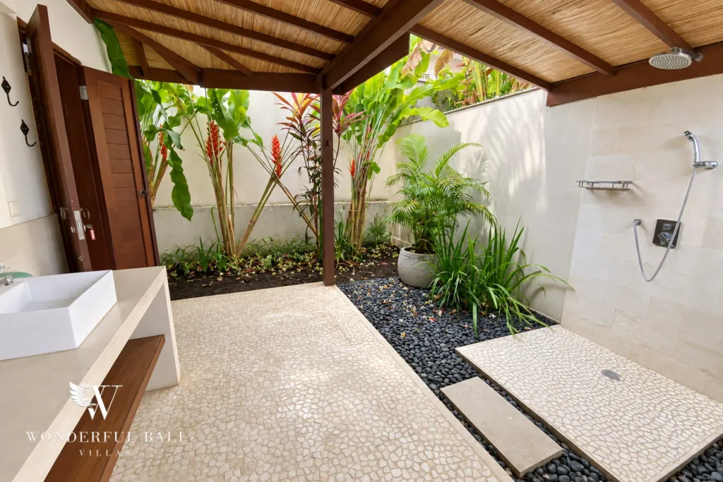 3BR villa for rent in Padonan, Canggu — bathroom, shower courtyard with pebbles