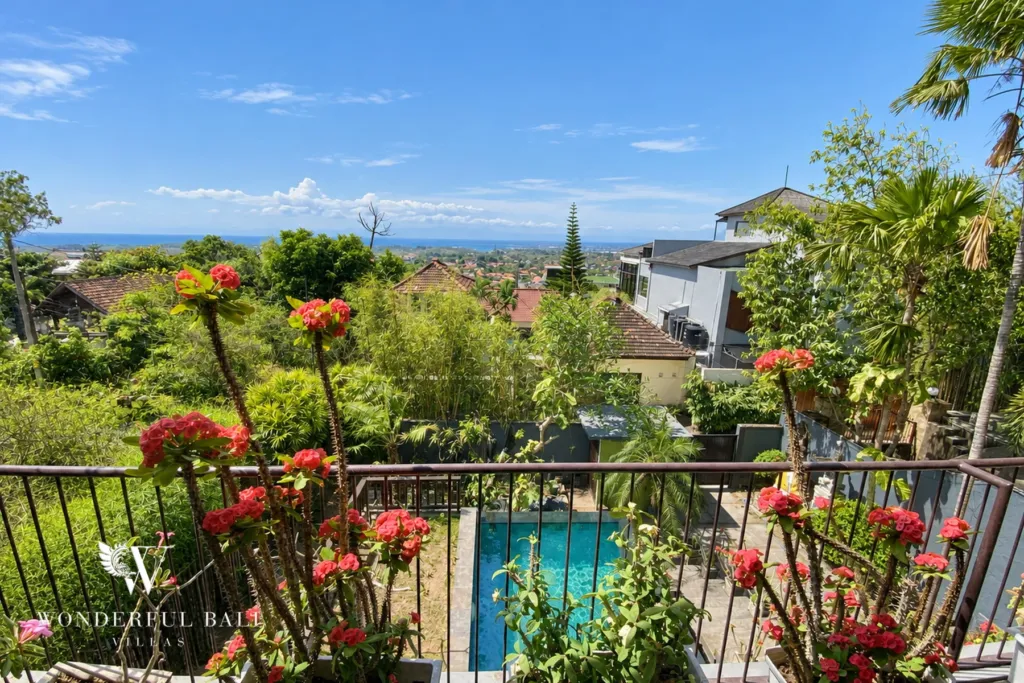 3BR villa for sale in Jimbaran — view, balcony view over the pool and treetops to the ocean