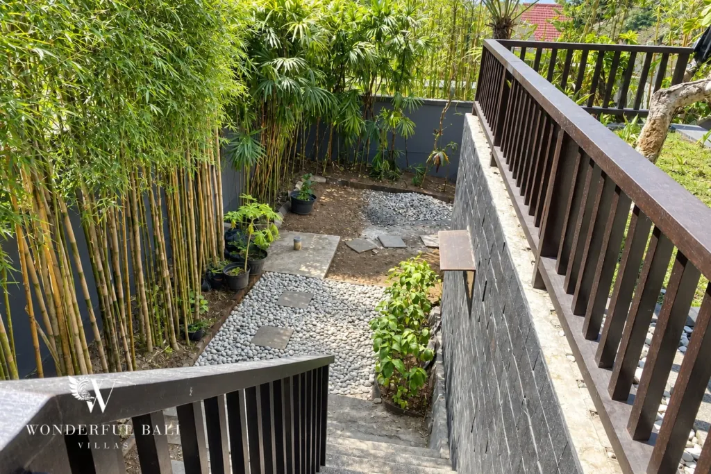 3BR villa for sale in Jimbaran — garden, bamboo-lined garden path and stairway