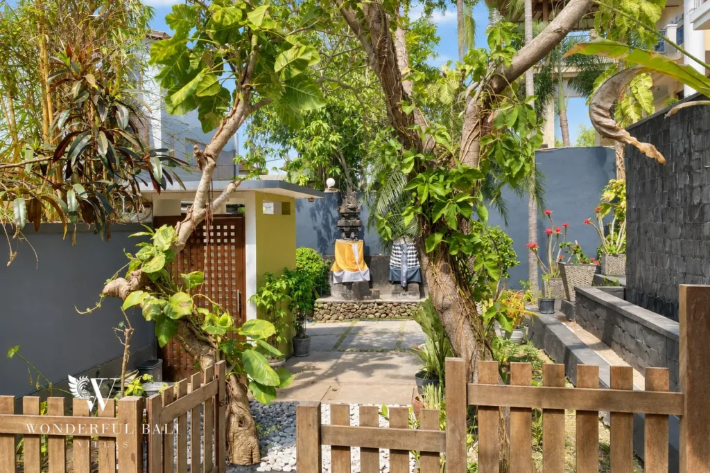 3BR villa for sale in Jimbaran — garden, garden entrance with a timber gate and family shrine