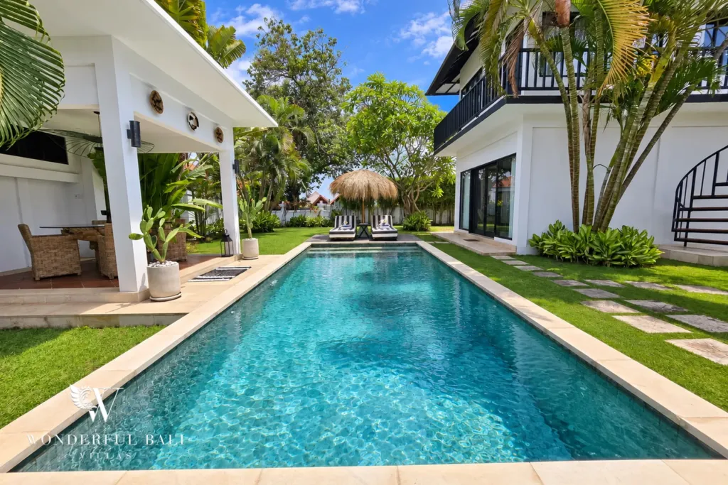 4BR villa for rent in Batu Bolong, Canggu — pool, the full length of the lap pool with the villa along one side