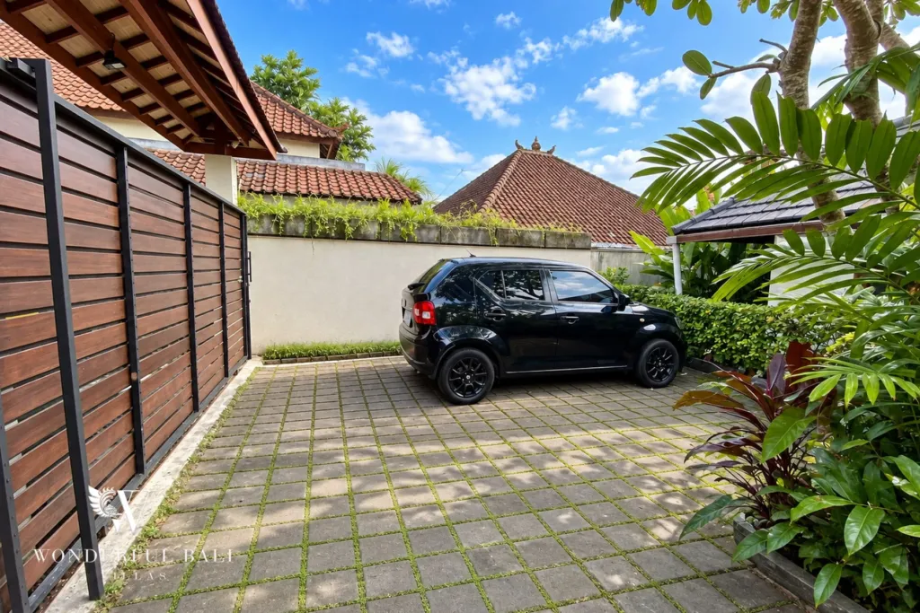 3BR villa for rent in Padonan, Canggu — parking, paved parking area inside the gate with room for a car