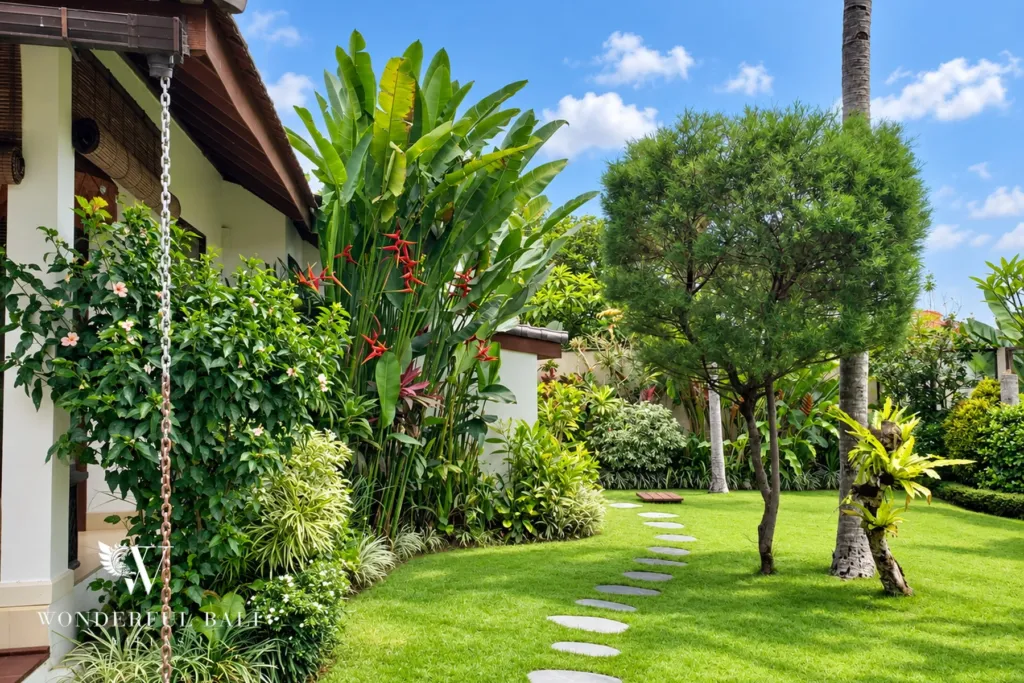 3BR villa for rent in Padonan, Canggu — garden, mature garden with palms