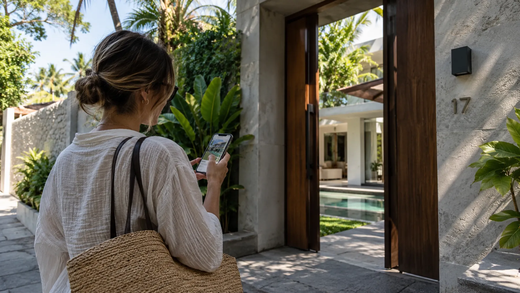 Traveller checking a villa listing on her phone at the gate of a Bali villa before paying a deposit
